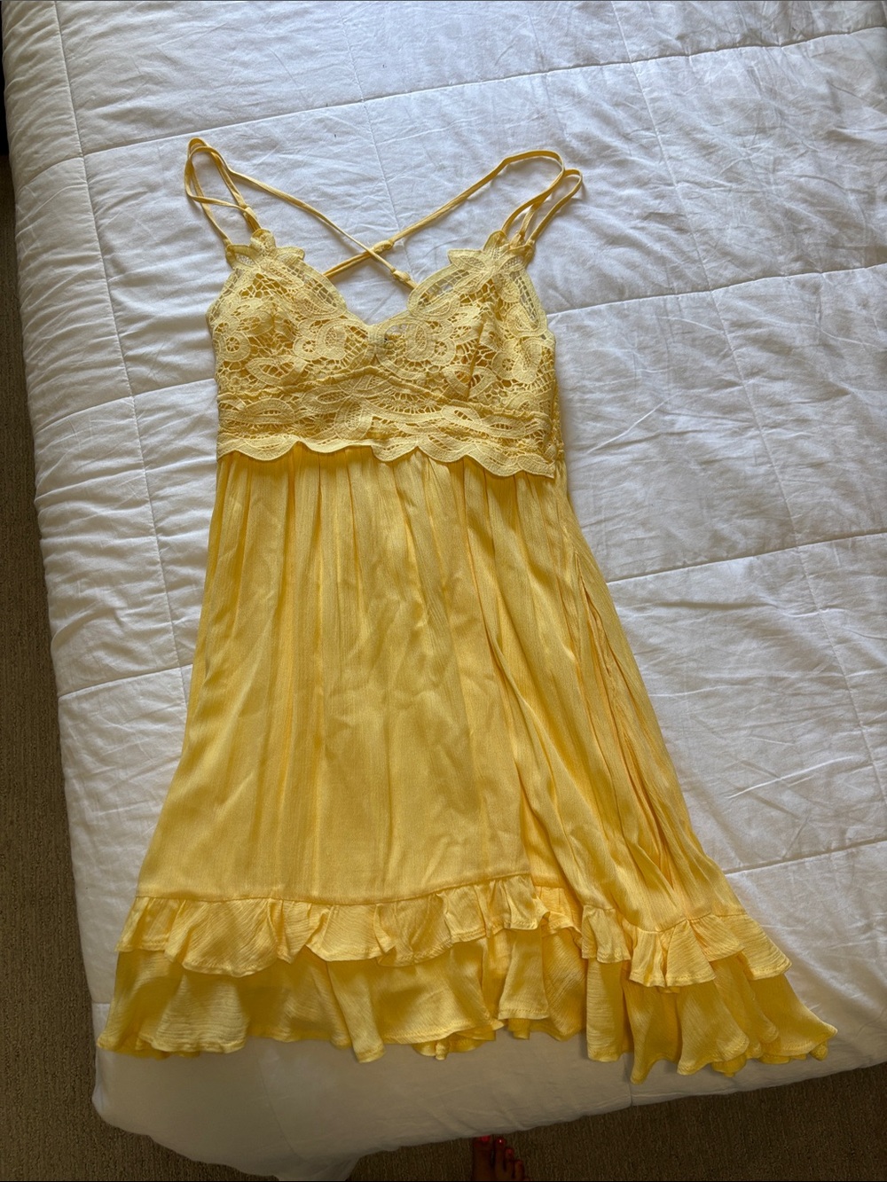 Listicle Pale Yellow Lace-Trim Slip Dress